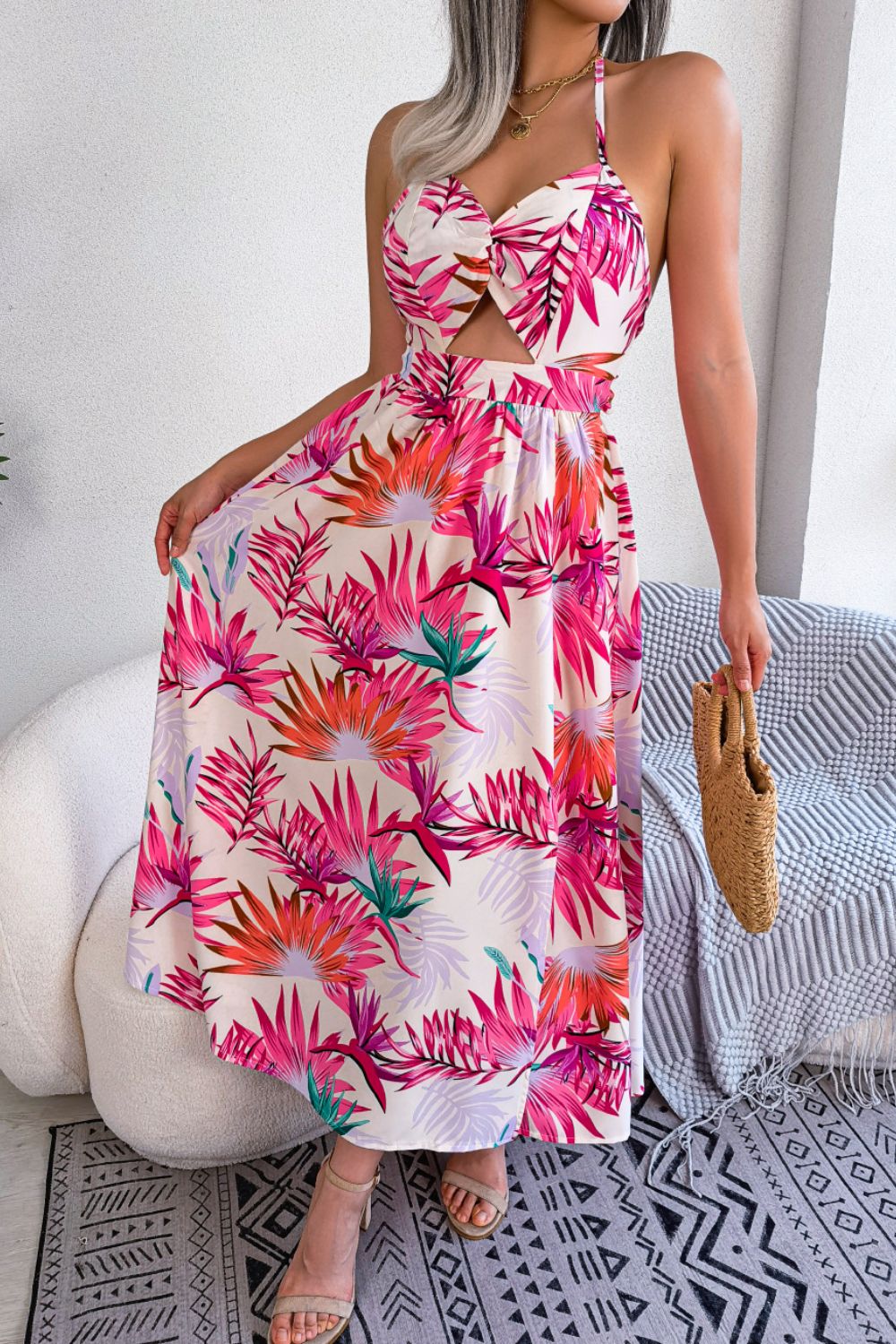Botanical Print Tied Backless Cutout Slit Dress BLUE ZONE PLANET