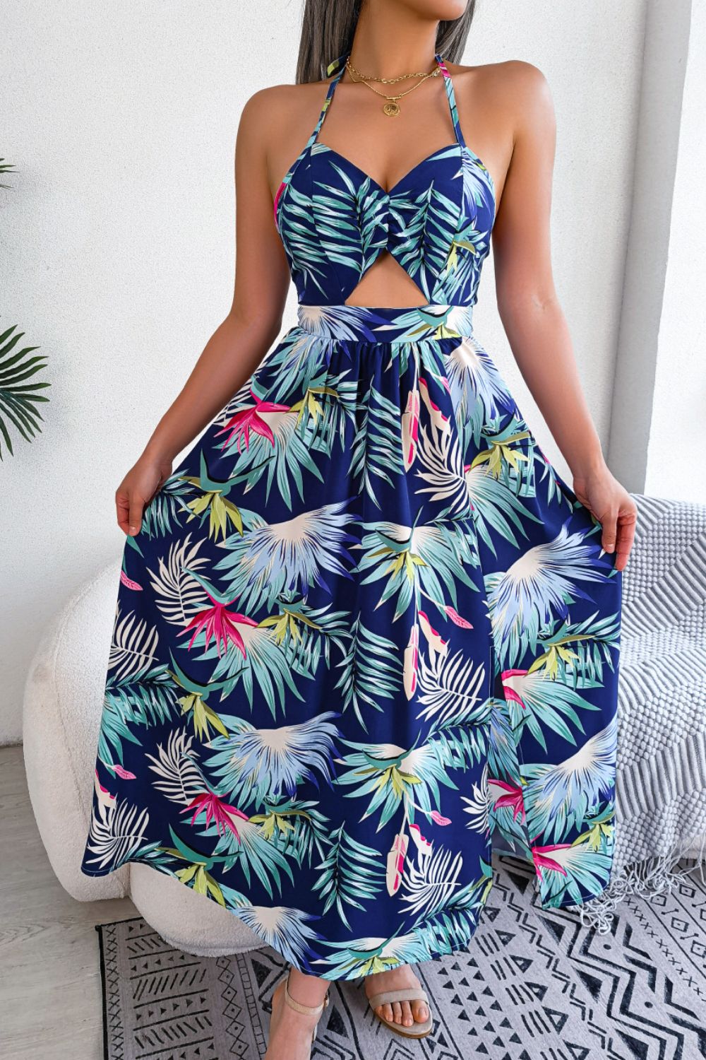 Botanical Print Tied Backless Cutout Slit Dress BLUE ZONE PLANET