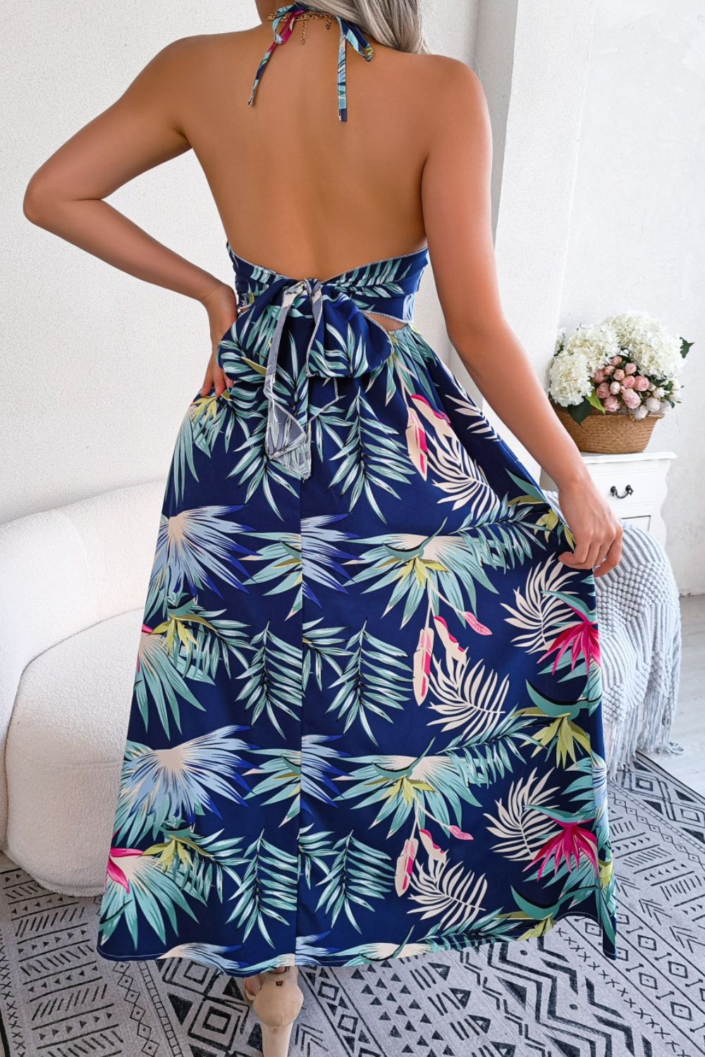 Botanical Print Tied Backless Cutout Slit Dress BLUE ZONE PLANET