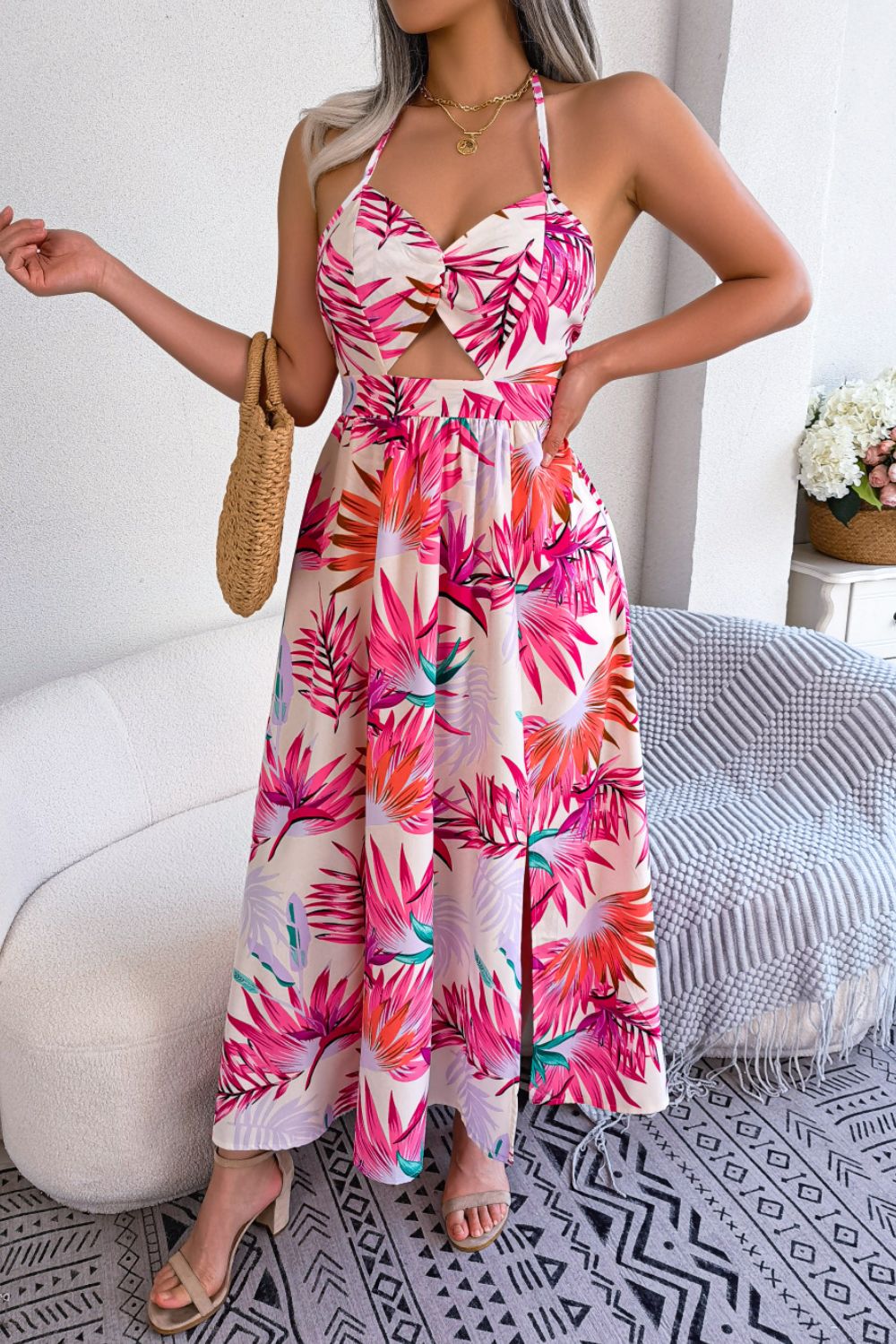 Botanical Print Tied Backless Cutout Slit Dress BLUE ZONE PLANET