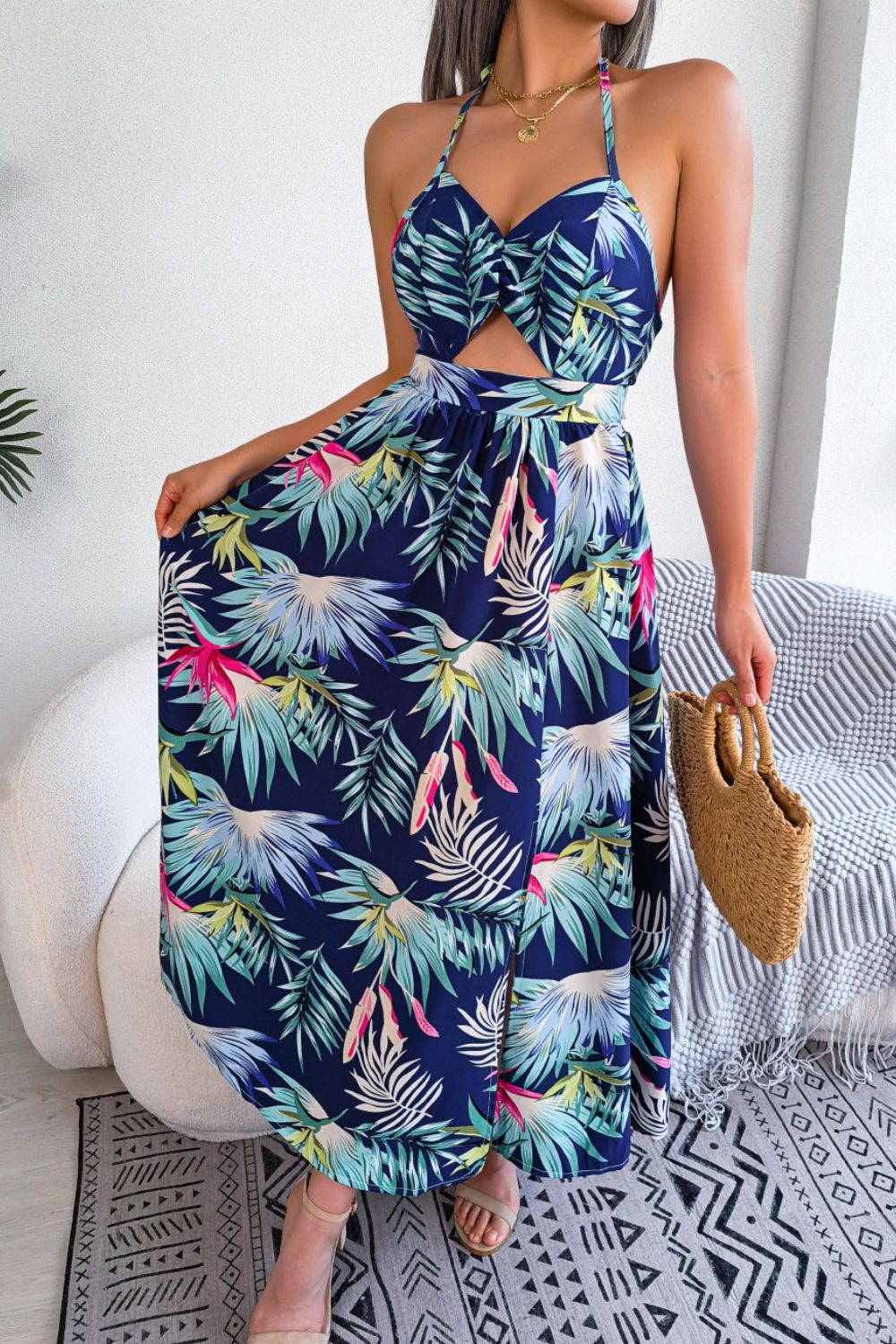 Botanical Print Tied Backless Cutout Slit Dress BLUE ZONE PLANET