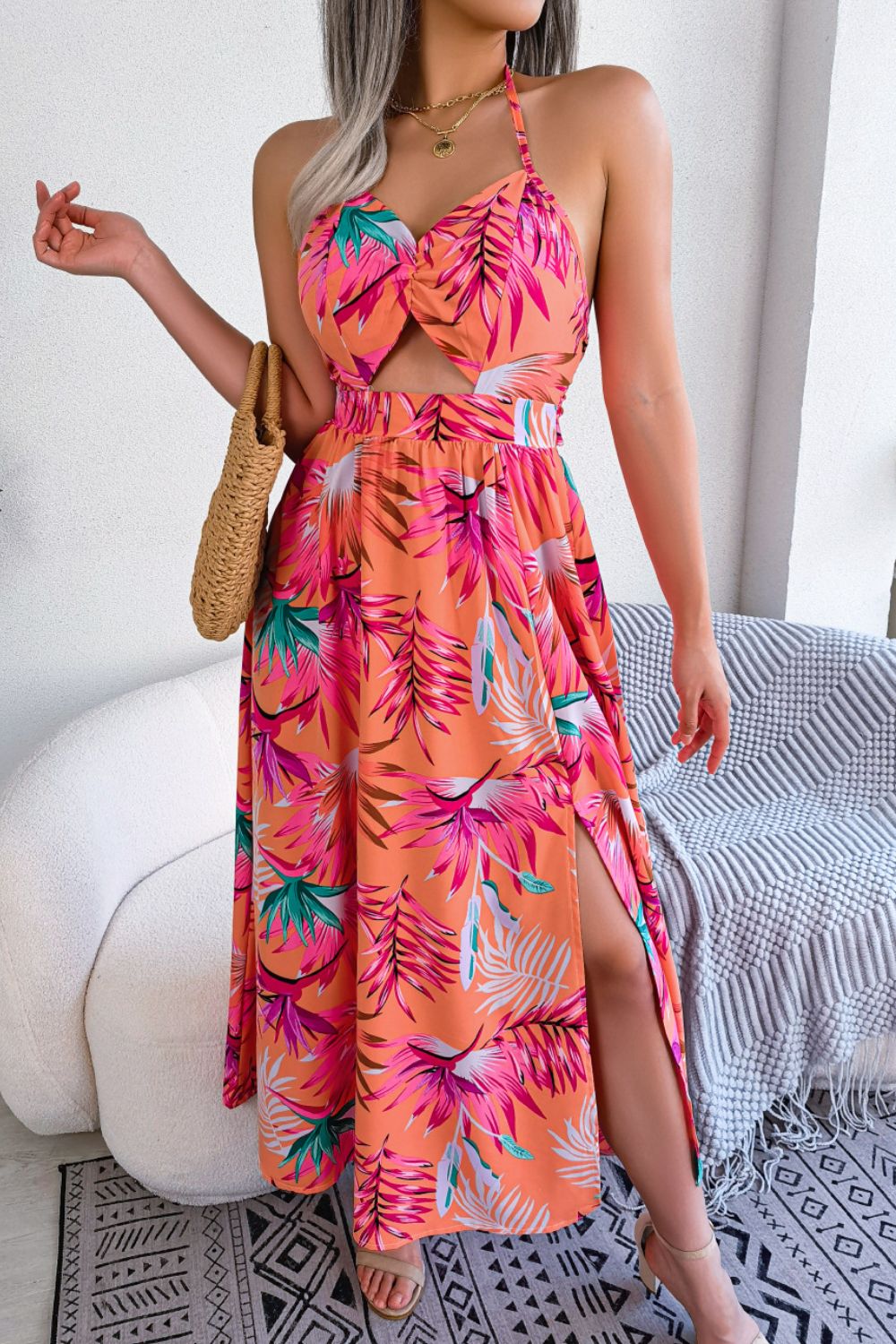 Botanical Print Tied Backless Cutout Slit Dress BLUE ZONE PLANET