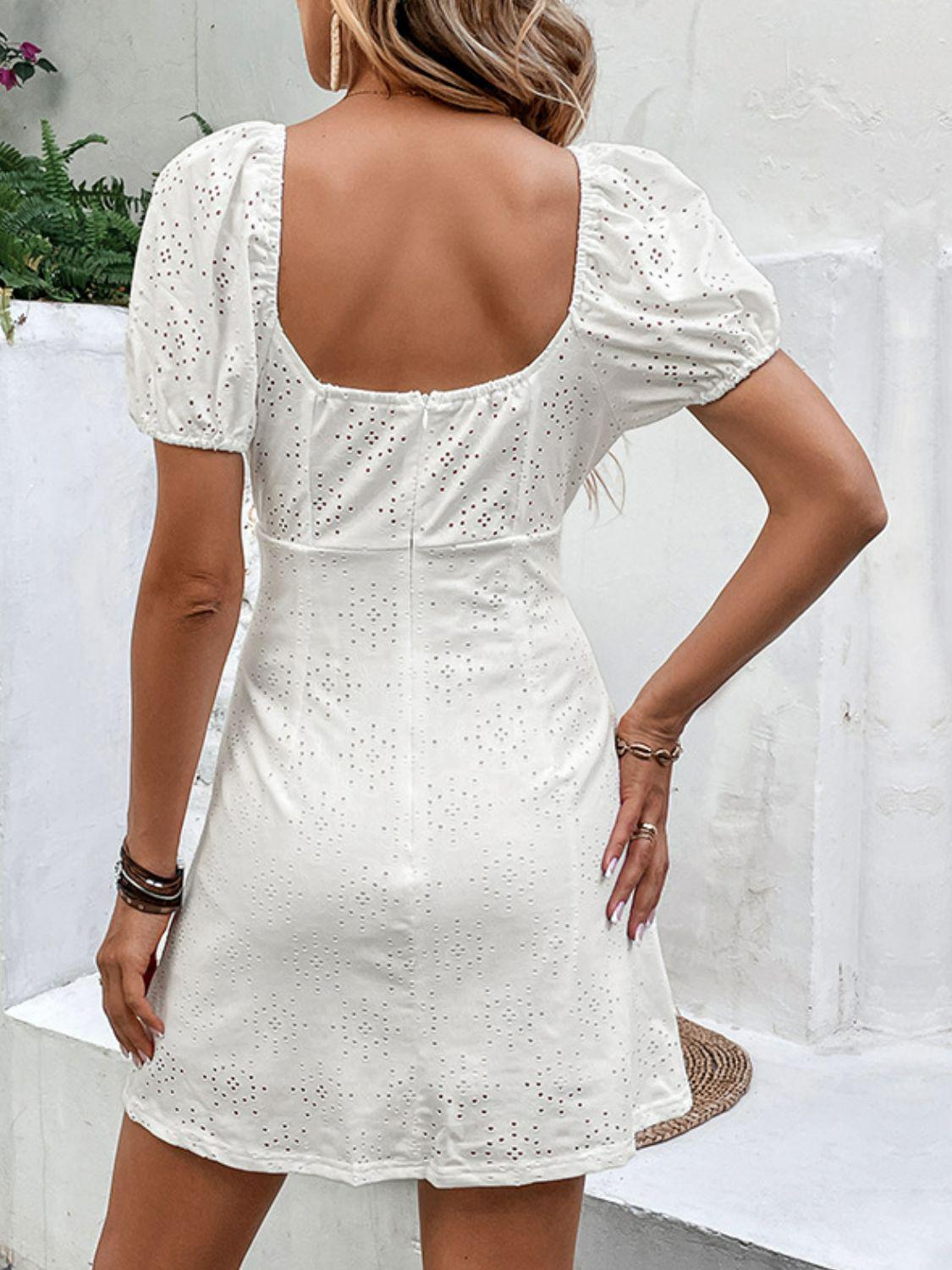 Bow Detail Eyelet Puff Sleeve Dress BLUE ZONE PLANET