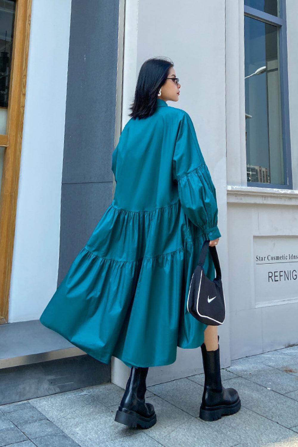 Bubble Sleeve Tiered Midi Shirt Dress BLUE ZONE PLANET