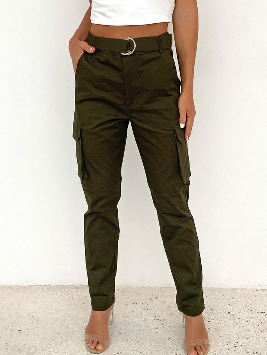 Buckle Detail Belted Cargo Pants BLUE ZONE PLANET