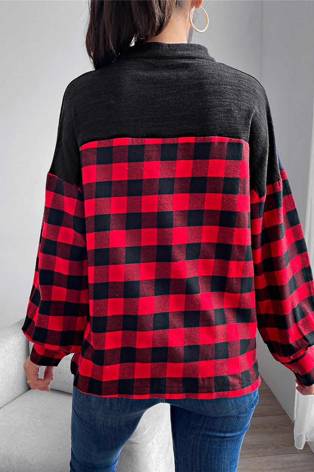 Buffalo Plaid Color Block Balloon Sleeve Top BLUE ZONE PLANET