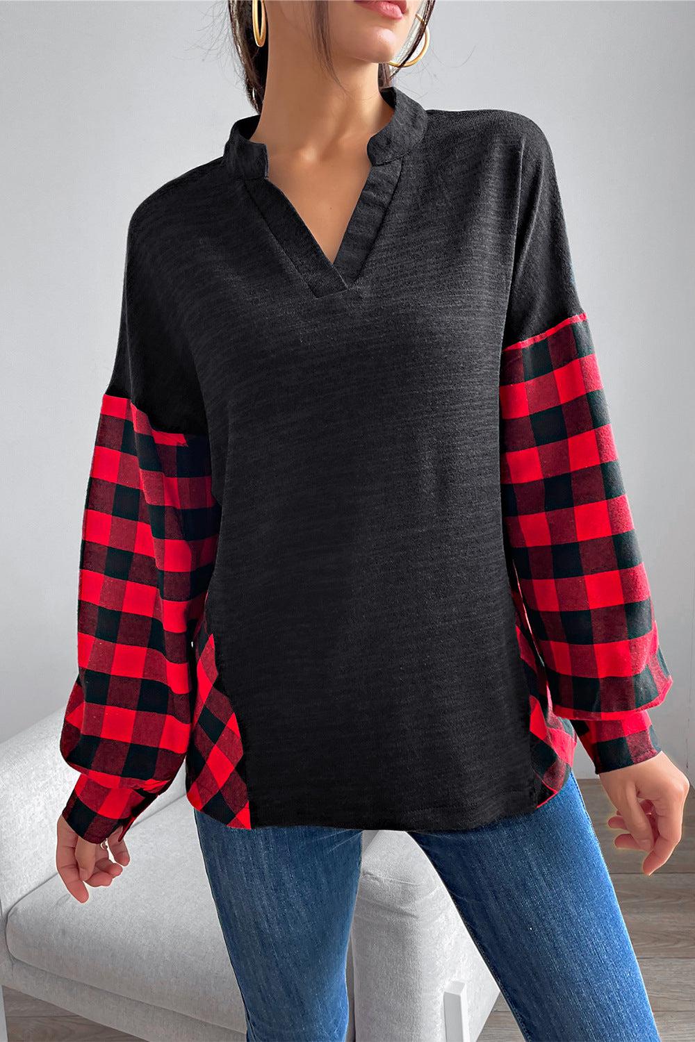 Buffalo Plaid Color Block Balloon Sleeve Top BLUE ZONE PLANET