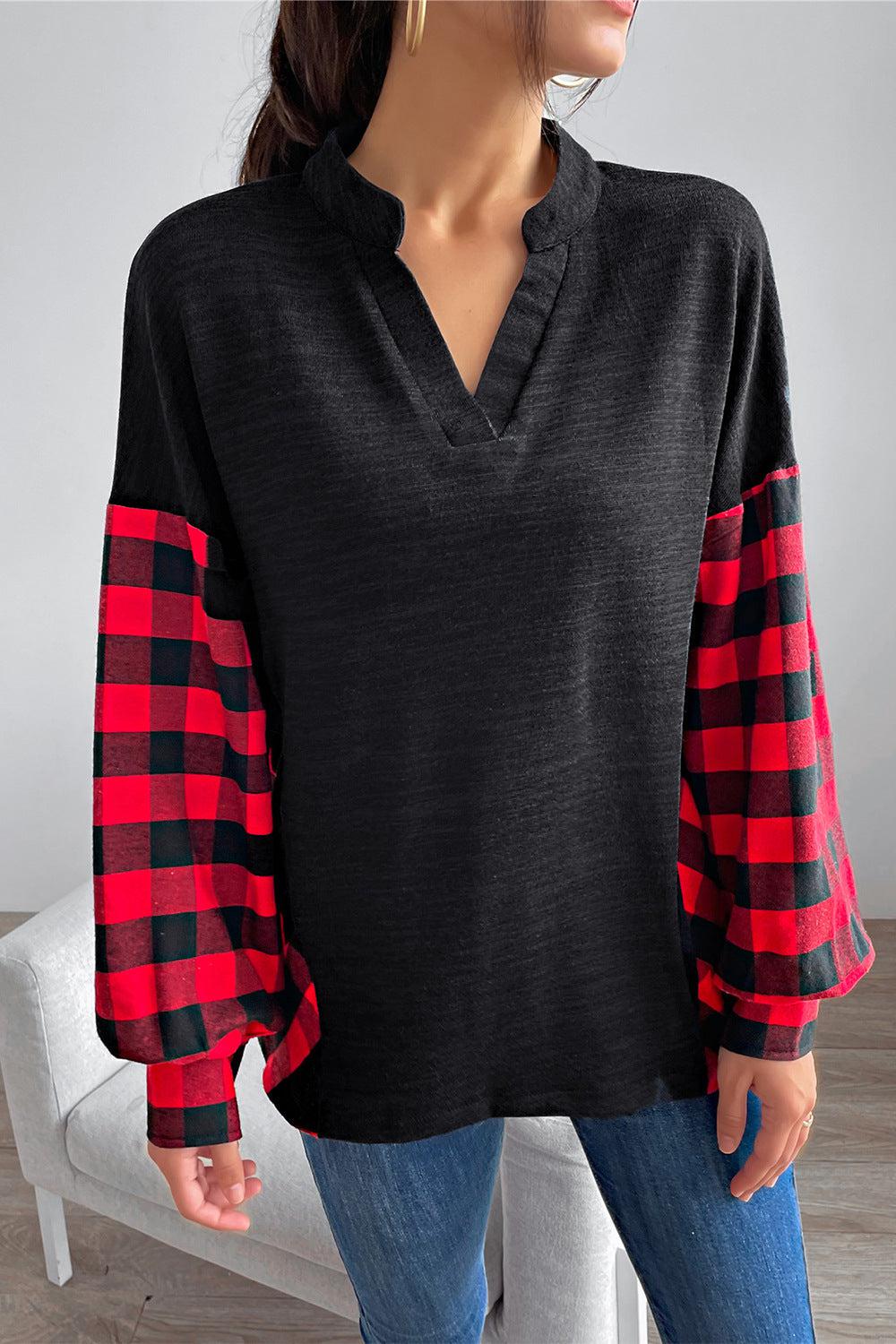 Buffalo Plaid Color Block Balloon Sleeve Top BLUE ZONE PLANET