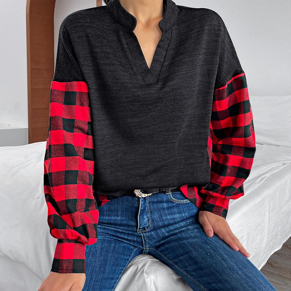 Buffalo Plaid Color Block Balloon Sleeve Top BLUE ZONE PLANET