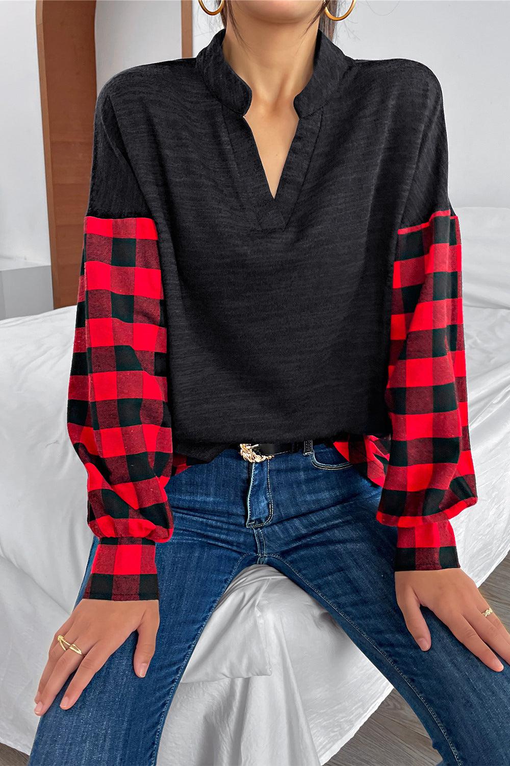 Buffalo Plaid Color Block Balloon Sleeve Top BLUE ZONE PLANET