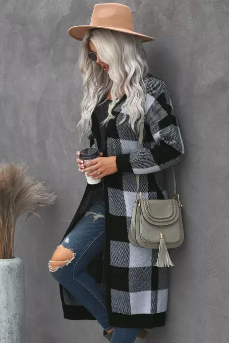 Buffalo Plaid Duster Cardigan BLUE ZONE PLANET