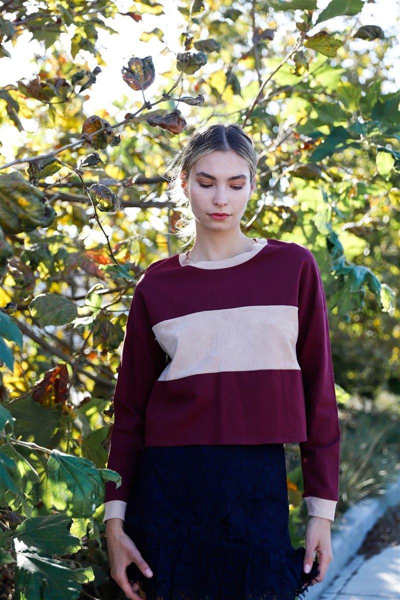 Burgundy Colorblock Long Sleeve Crop Top Blue Zone Planet
