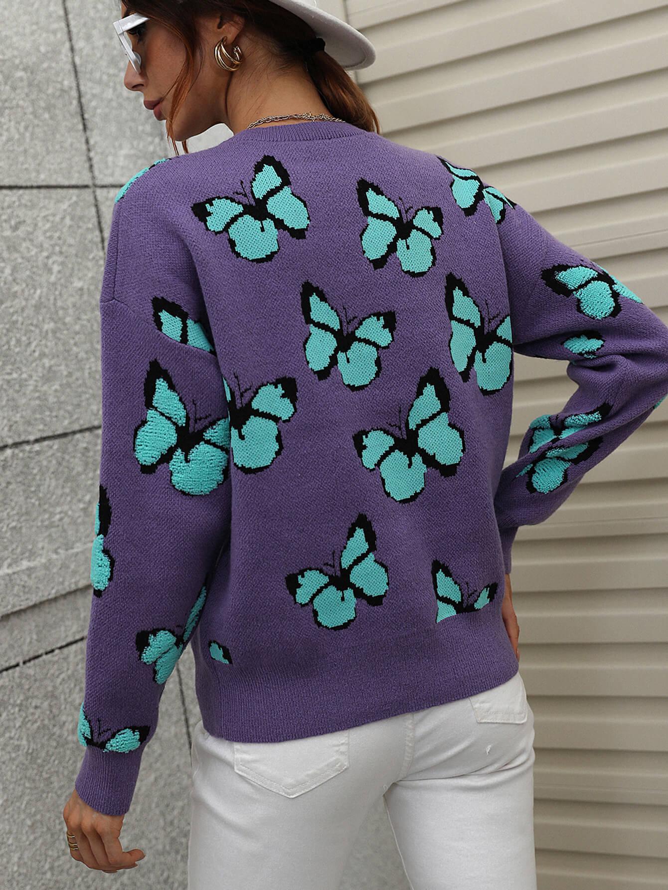 Butterfly Dropped Shoulder Crewneck Sweater BLUE ZONE PLANET