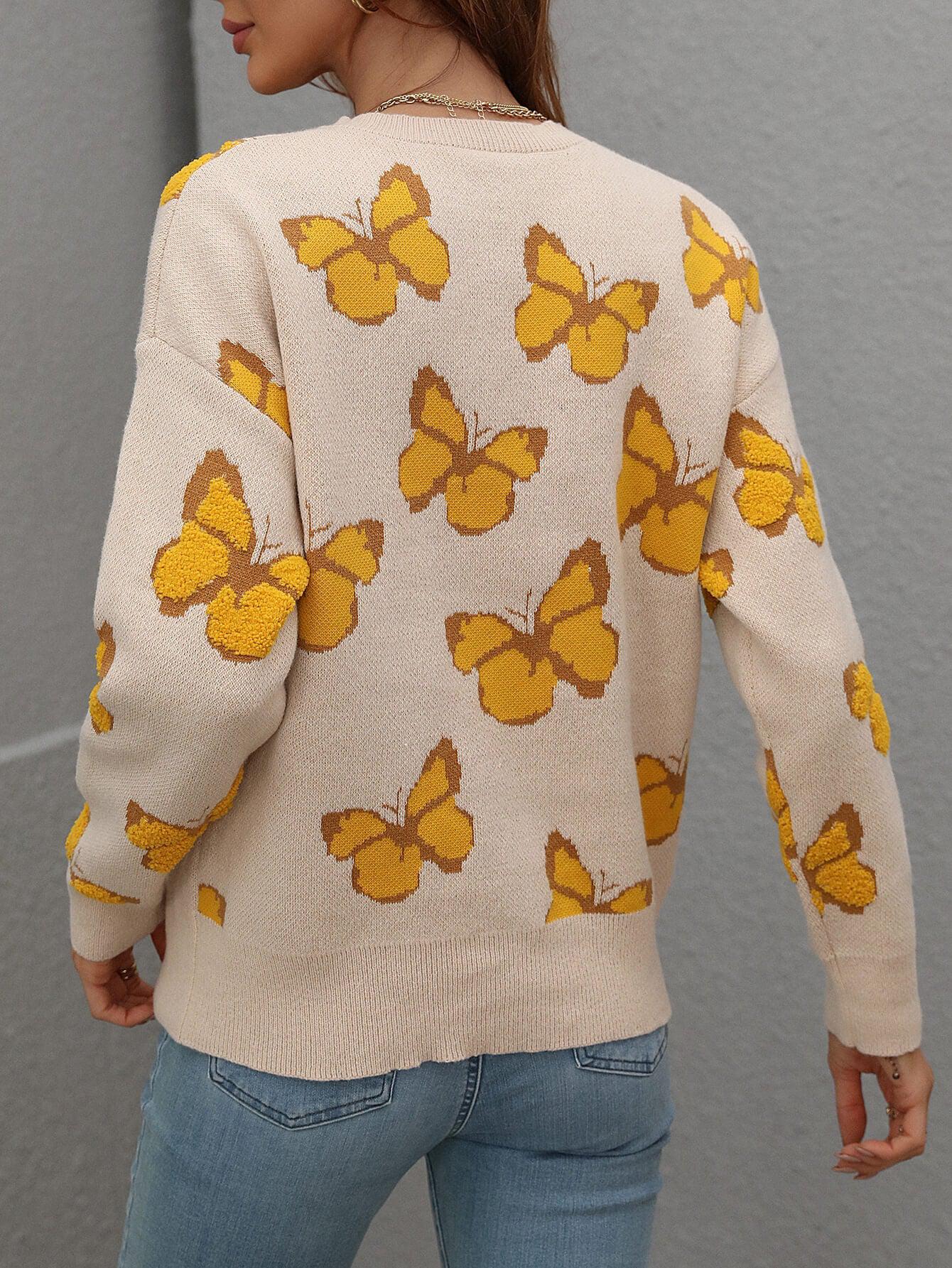 Butterfly Dropped Shoulder Crewneck Sweater BLUE ZONE PLANET