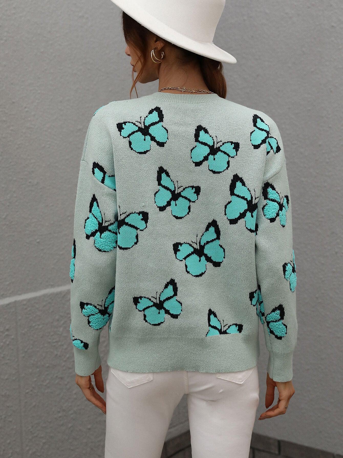 Butterfly Dropped Shoulder Crewneck Sweater BLUE ZONE PLANET