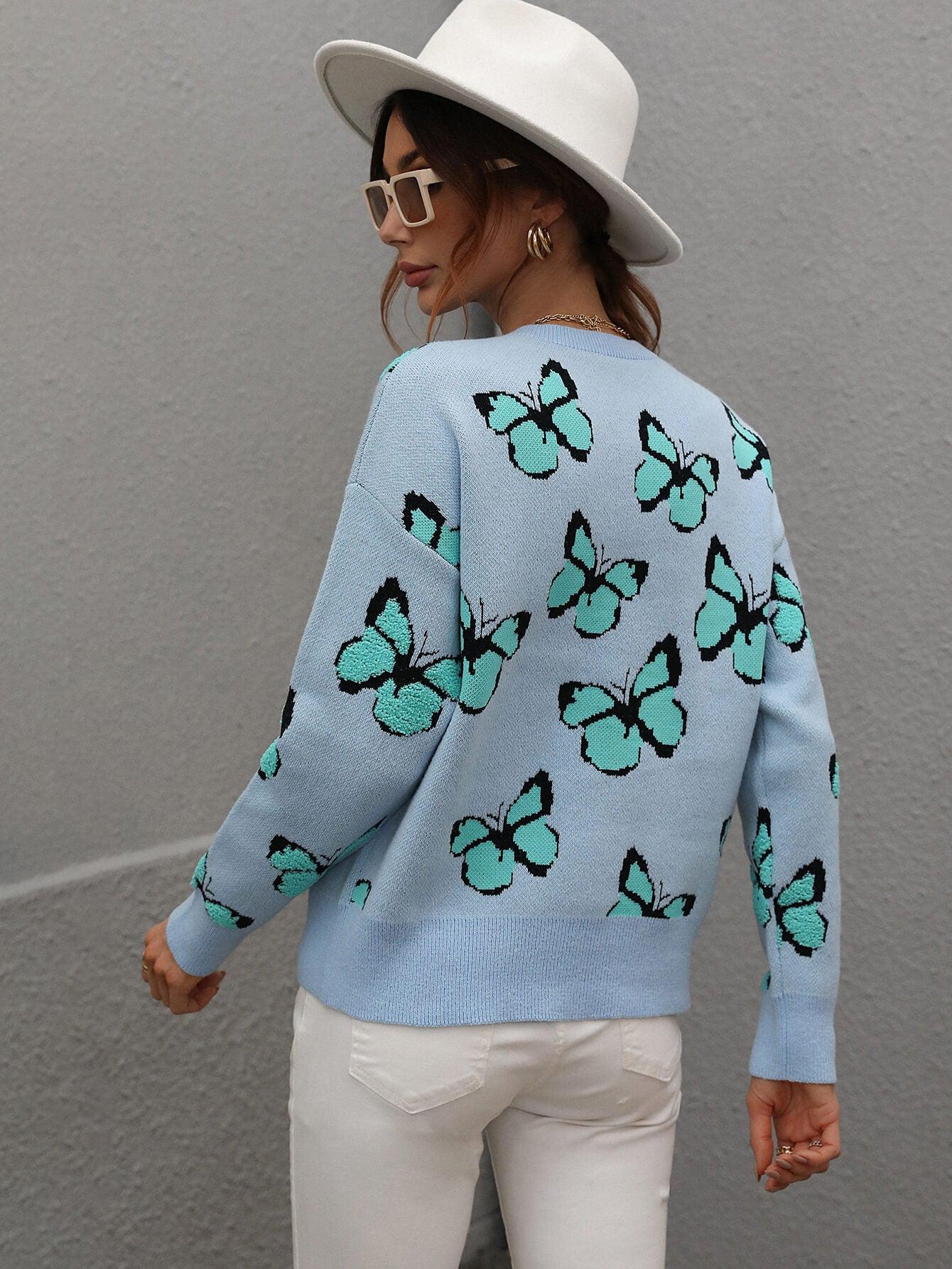 Butterfly Dropped Shoulder Crewneck Sweater BLUE ZONE PLANET