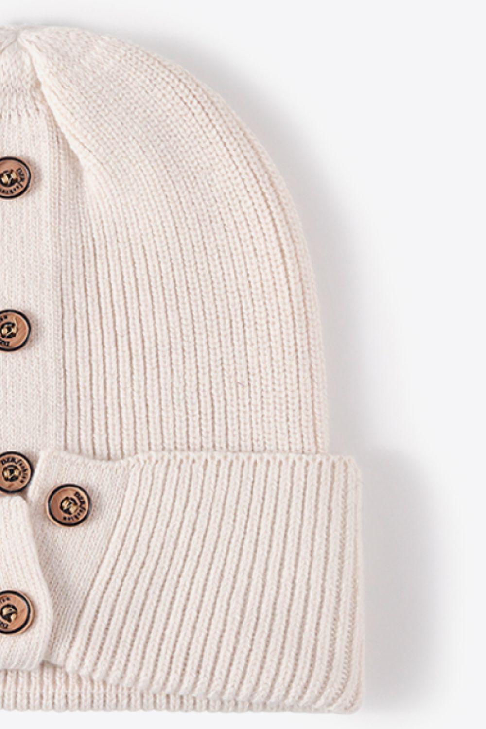 Button Detail Rib-Knit Cuff Beanie BLUE ZONE PLANET