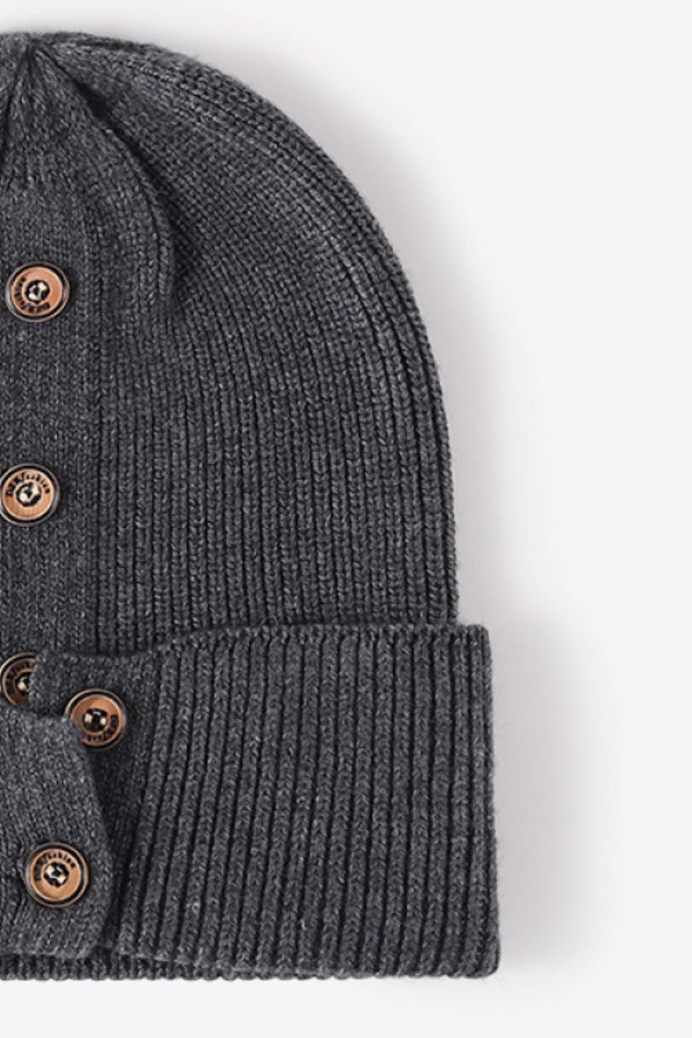 Button Detail Rib-Knit Cuff Beanie BLUE ZONE PLANET