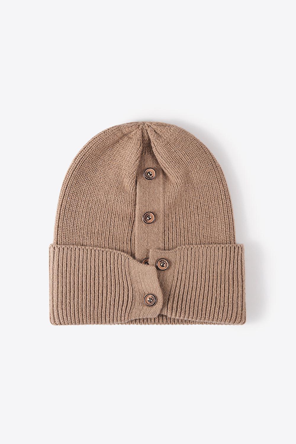 Button Detail Rib-Knit Cuff Beanie BLUE ZONE PLANET