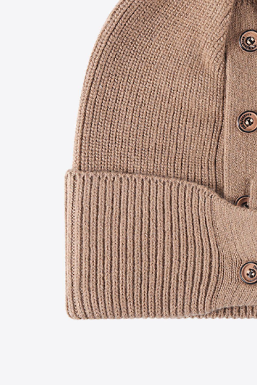 Button Detail Rib-Knit Cuff Beanie BLUE ZONE PLANET