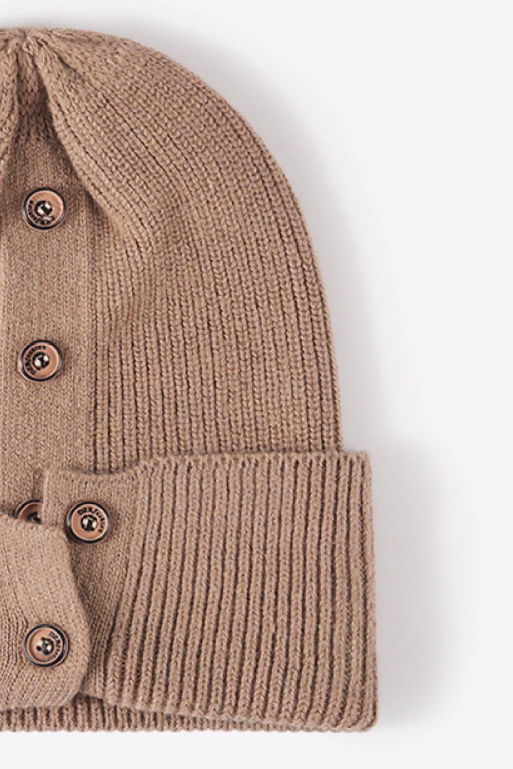 Button Detail Rib-Knit Cuff Beanie BLUE ZONE PLANET