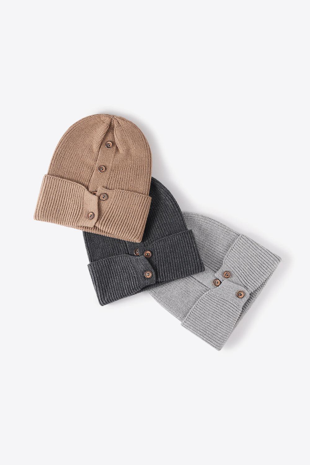 Button Detail Rib-Knit Cuff Beanie BLUE ZONE PLANET
