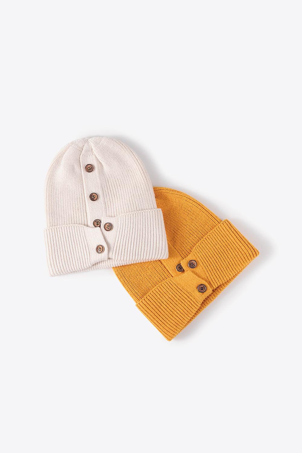 Button Detail Rib-Knit Cuff Beanie BLUE ZONE PLANET
