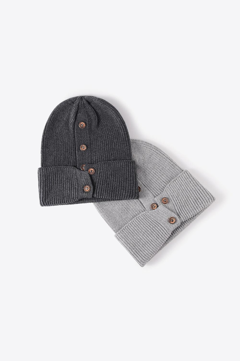 Button Detail Rib-Knit Cuff Beanie BLUE ZONE PLANET