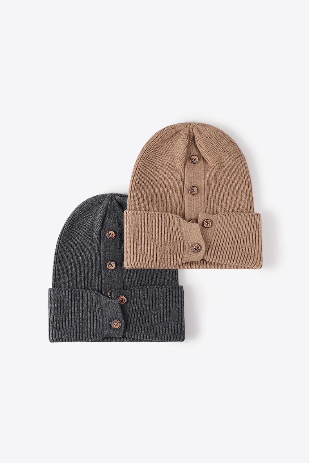 Button Detail Rib-Knit Cuff Beanie BLUE ZONE PLANET