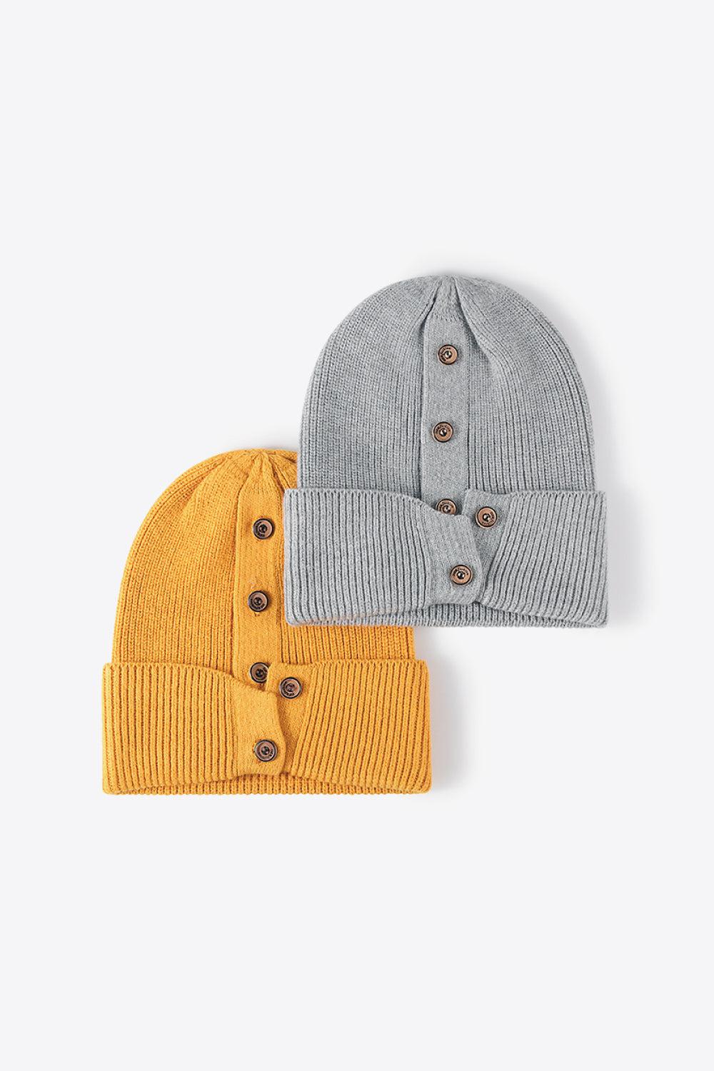 Button Detail Rib-Knit Cuff Beanie BLUE ZONE PLANET