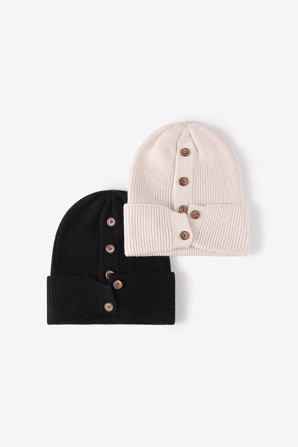 Button Detail Rib-Knit Cuff Beanie BLUE ZONE PLANET