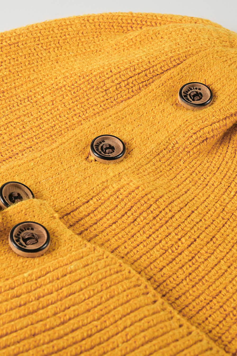 Button Detail Rib-Knit Cuff Beanie BLUE ZONE PLANET