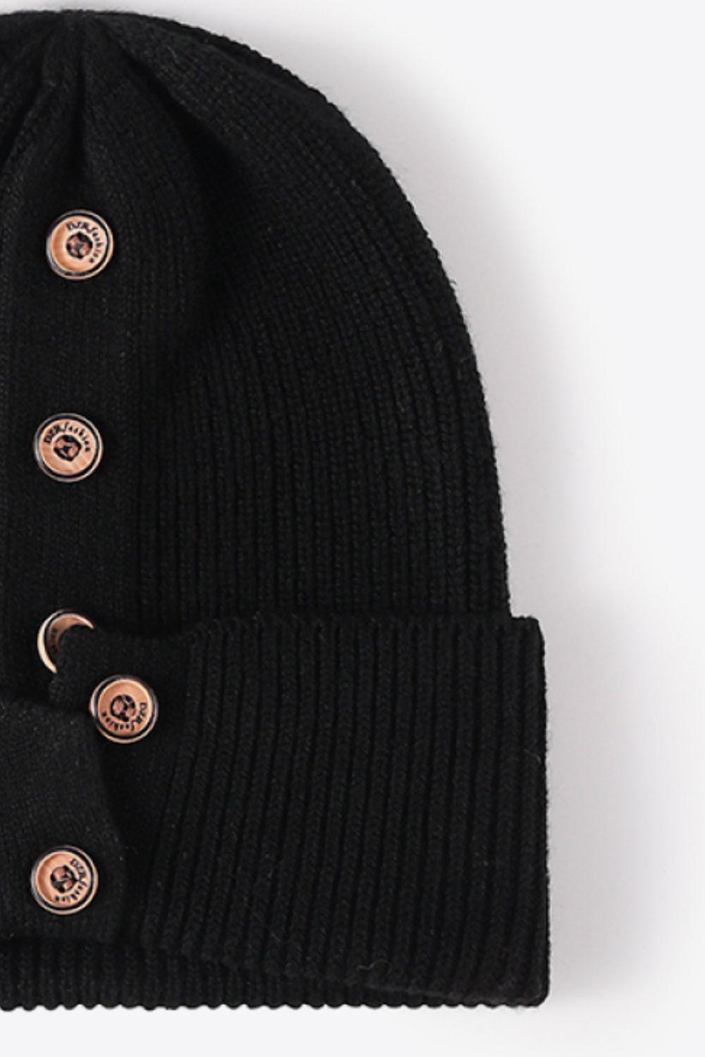 Button Detail Rib-Knit Cuff Beanie BLUE ZONE PLANET