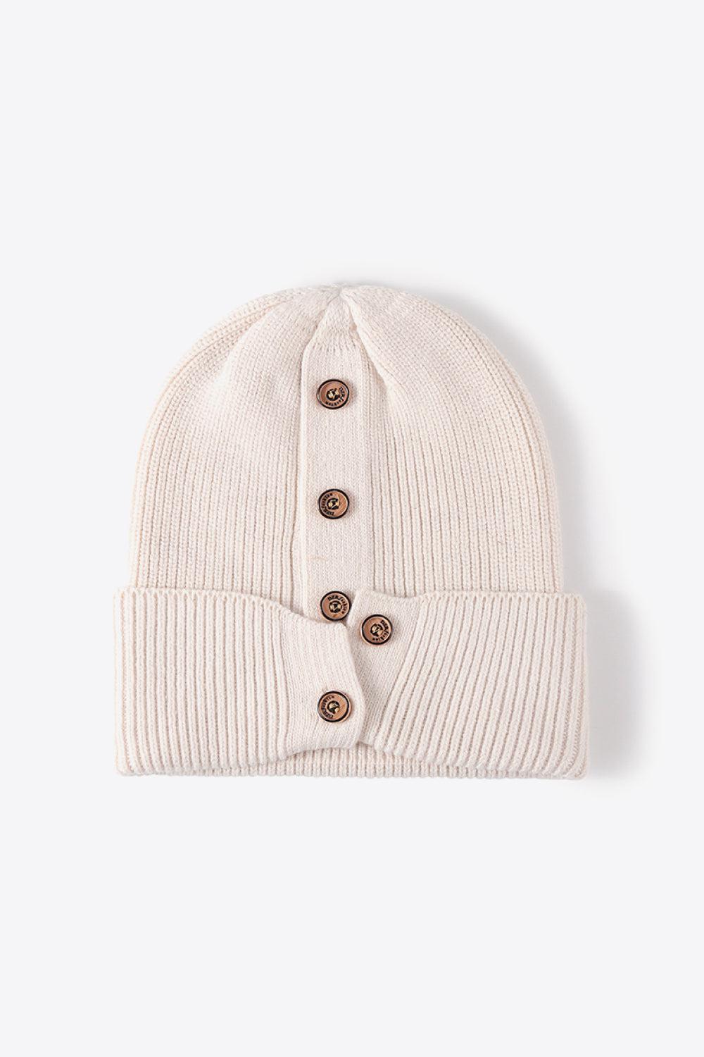 Button Detail Rib-Knit Cuff Beanie BLUE ZONE PLANET