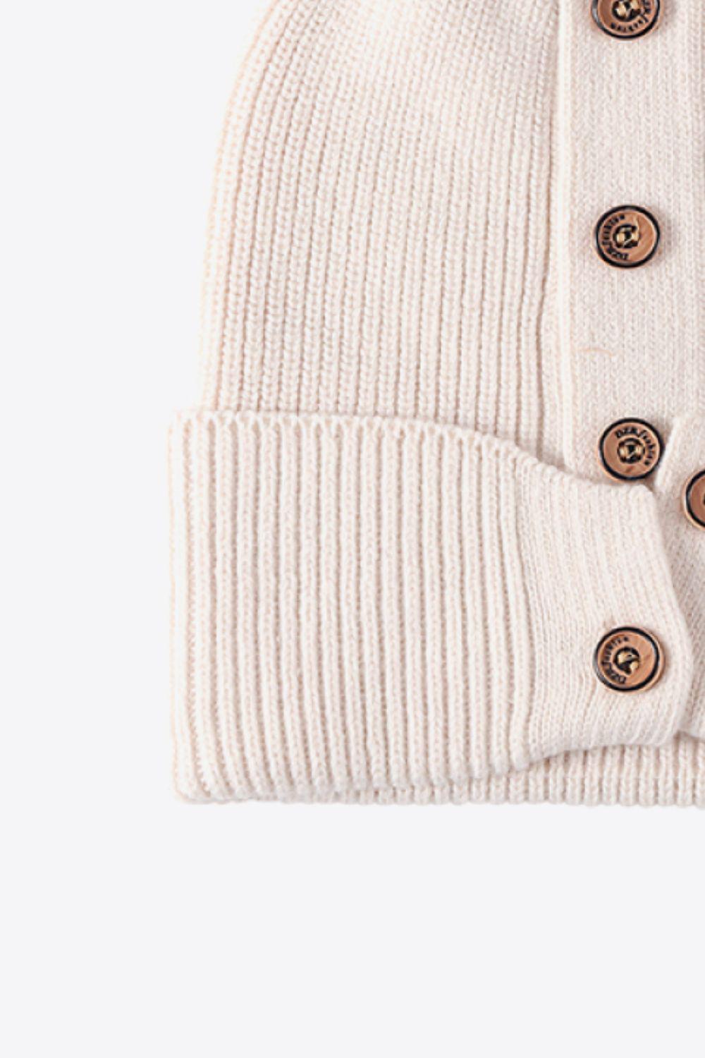Button Detail Rib-Knit Cuff Beanie BLUE ZONE PLANET