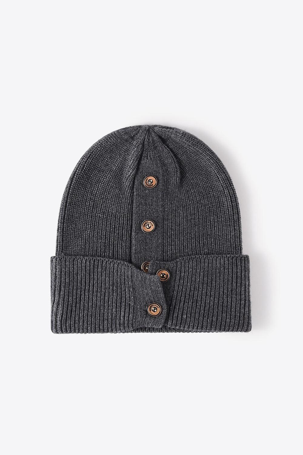 Button Detail Rib-Knit Cuff Beanie BLUE ZONE PLANET