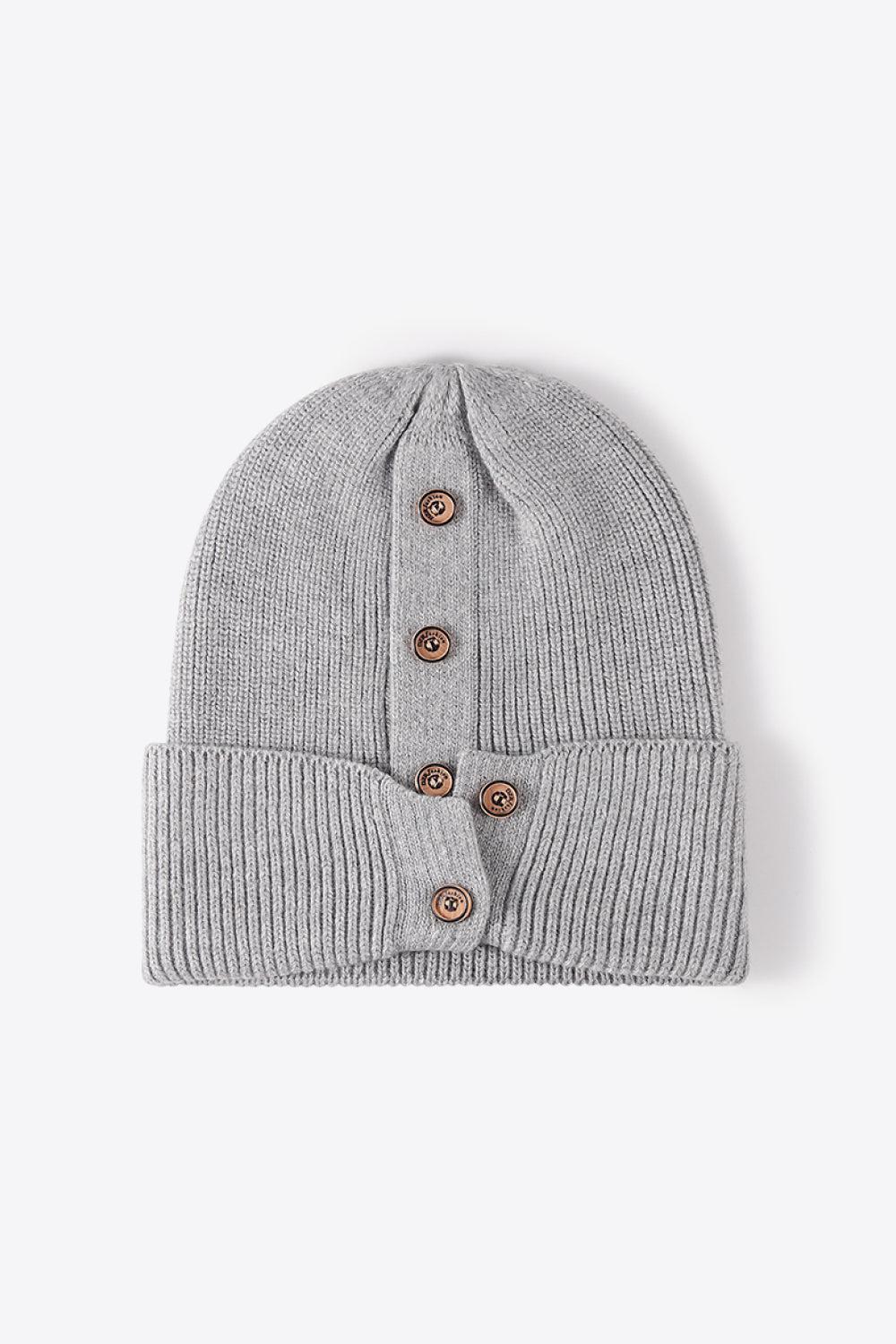 Button Detail Rib-Knit Cuff Beanie BLUE ZONE PLANET