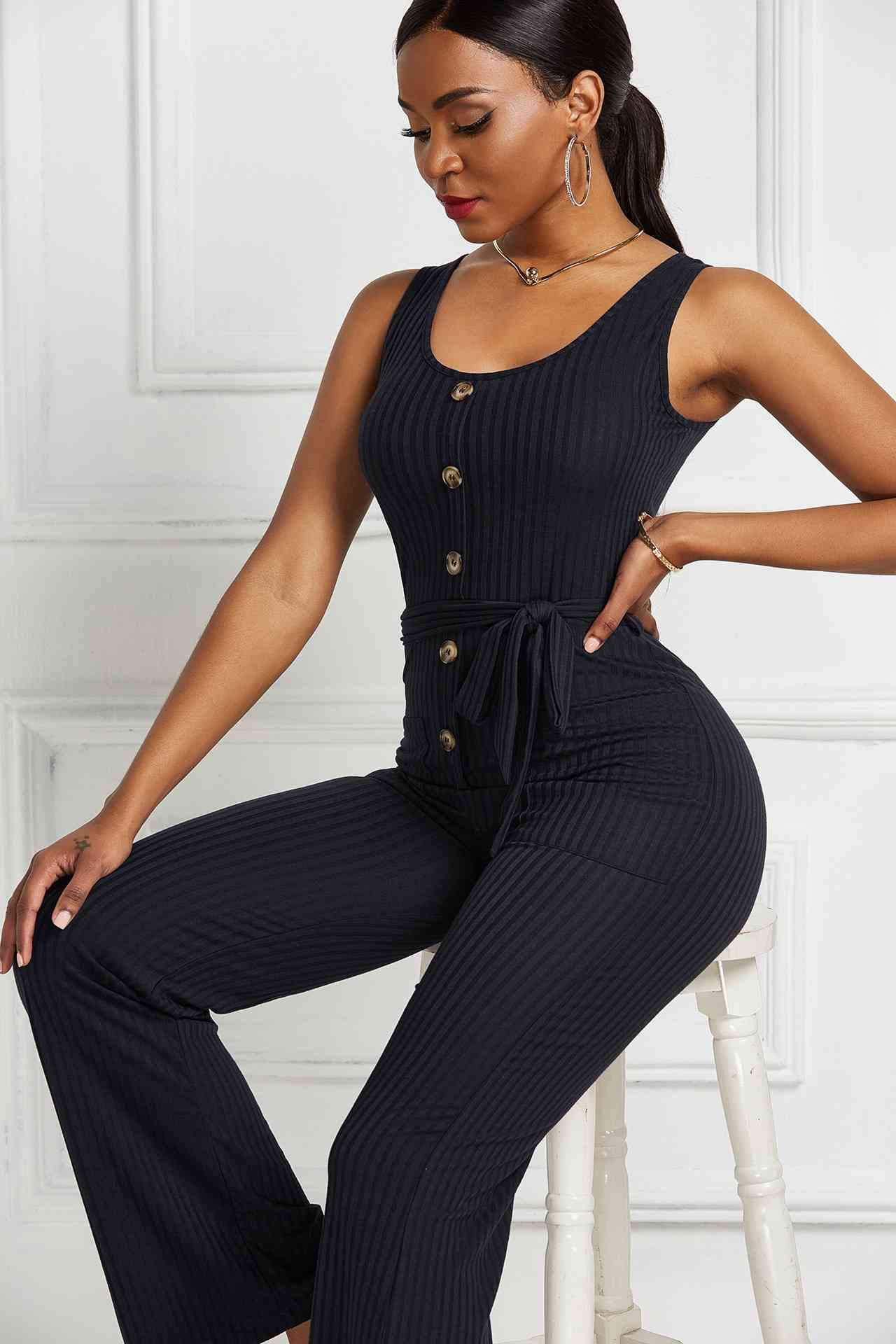 Button Detail Tie Waist Jumpsuit with Pockets BLUE ZONE PLANET