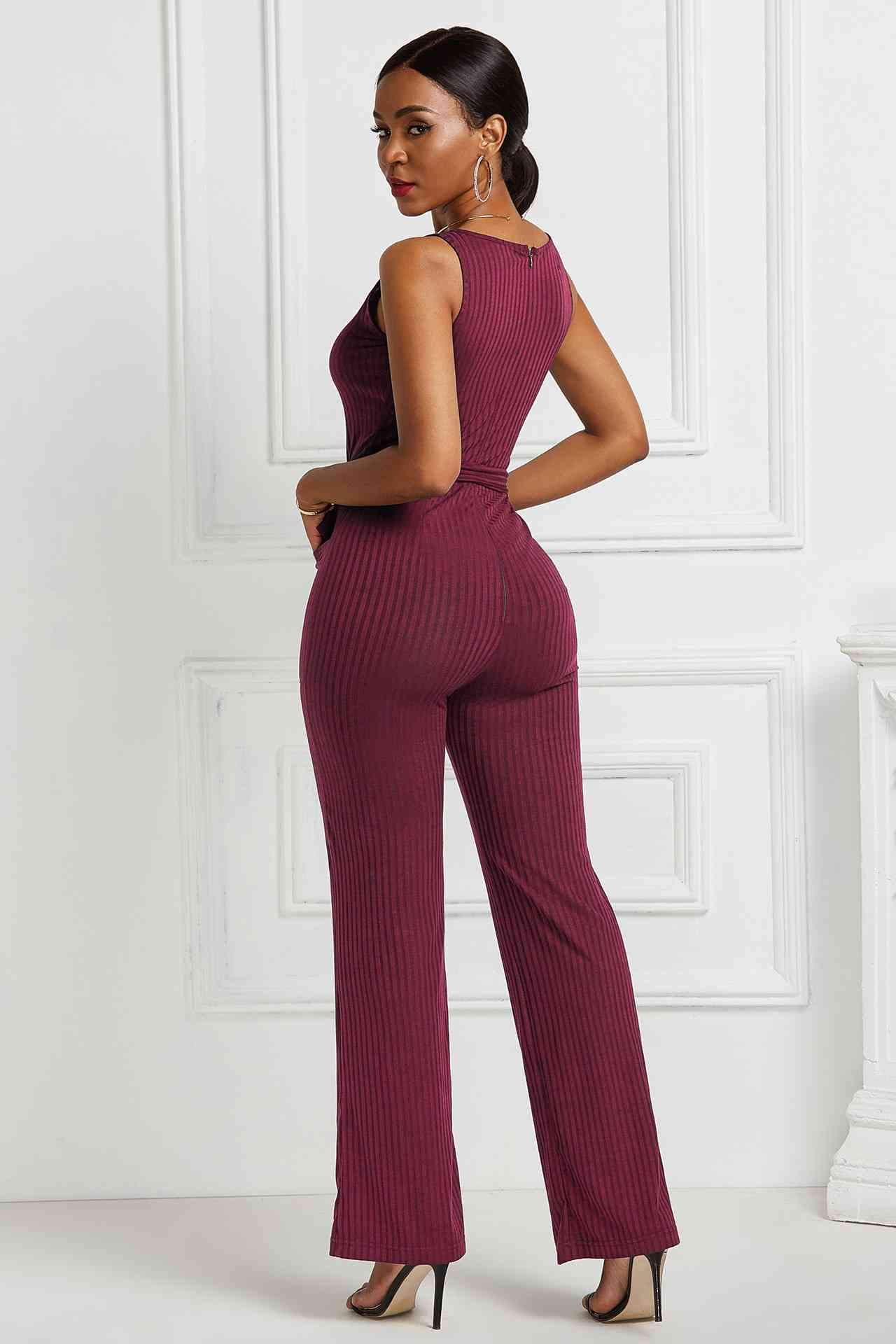 Button Detail Tie Waist Jumpsuit with Pockets BLUE ZONE PLANET