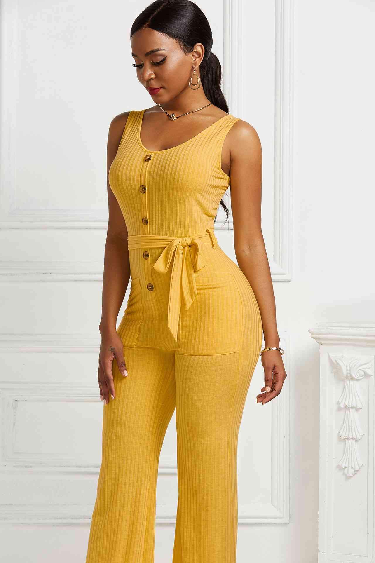 Button Detail Tie Waist Jumpsuit with Pockets BLUE ZONE PLANET