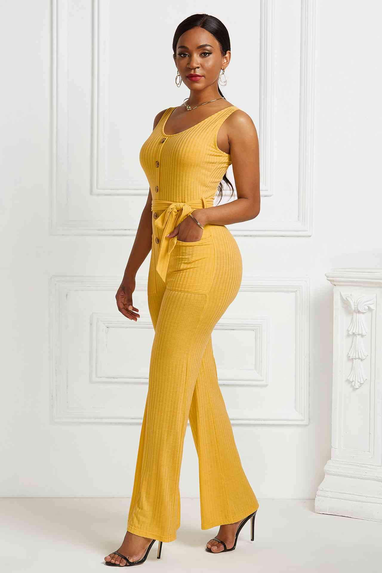 Button Detail Tie Waist Jumpsuit with Pockets BLUE ZONE PLANET