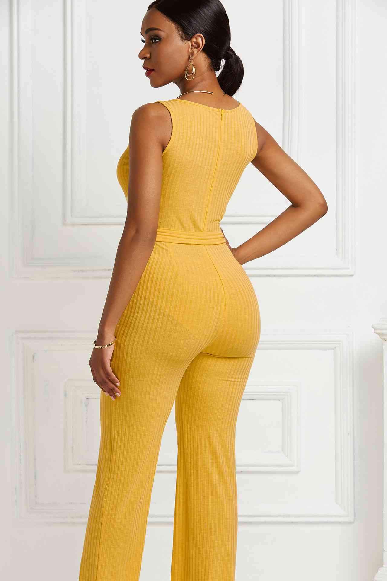 Button Detail Tie Waist Jumpsuit with Pockets BLUE ZONE PLANET