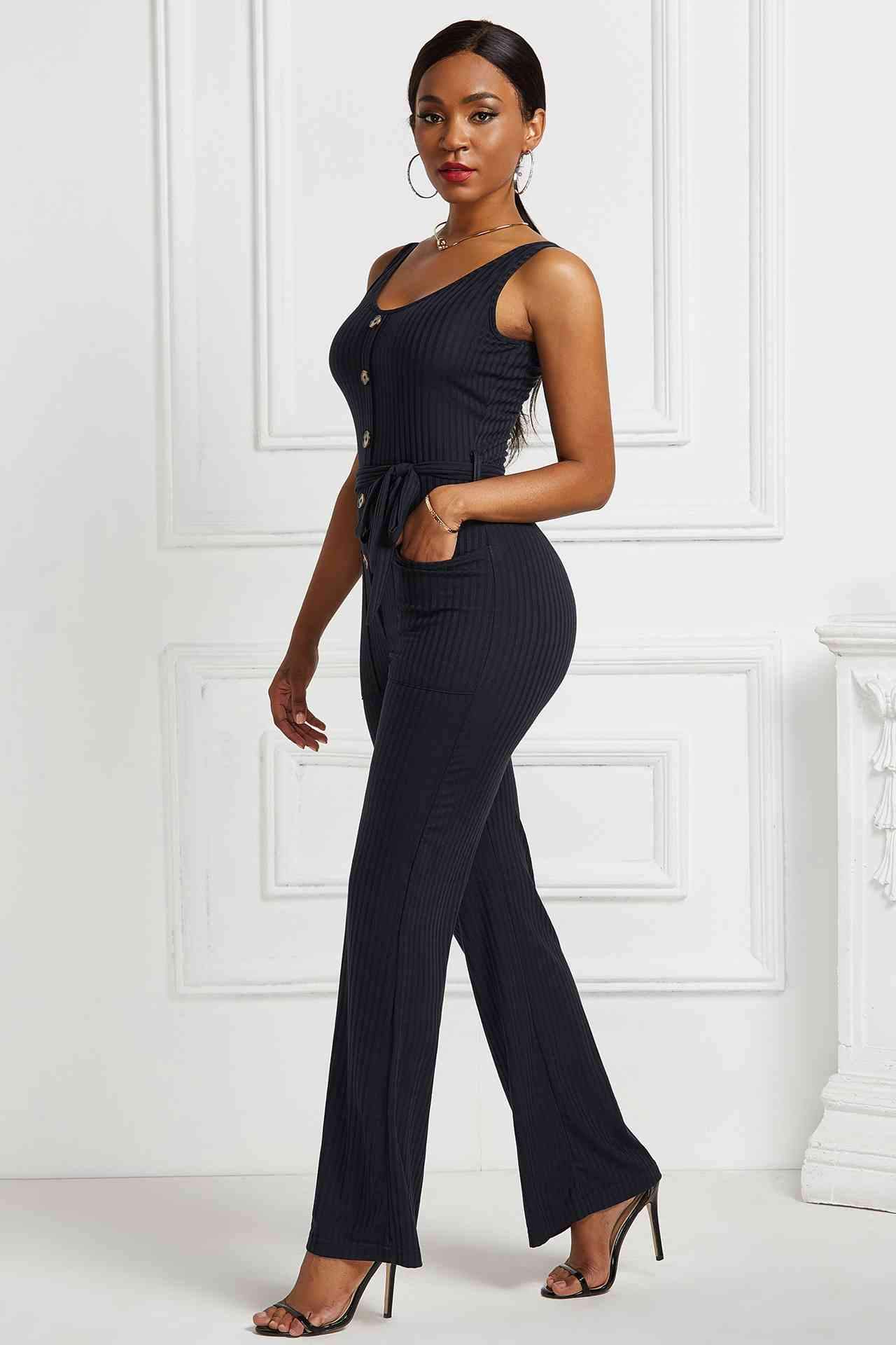 Button Detail Tie Waist Jumpsuit with Pockets BLUE ZONE PLANET