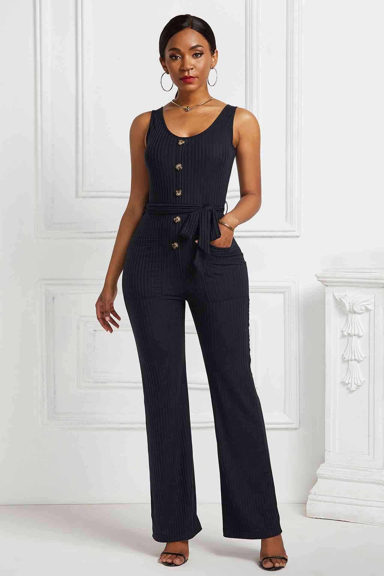 Button Detail Tie Waist Jumpsuit with Pockets BLUE ZONE PLANET
