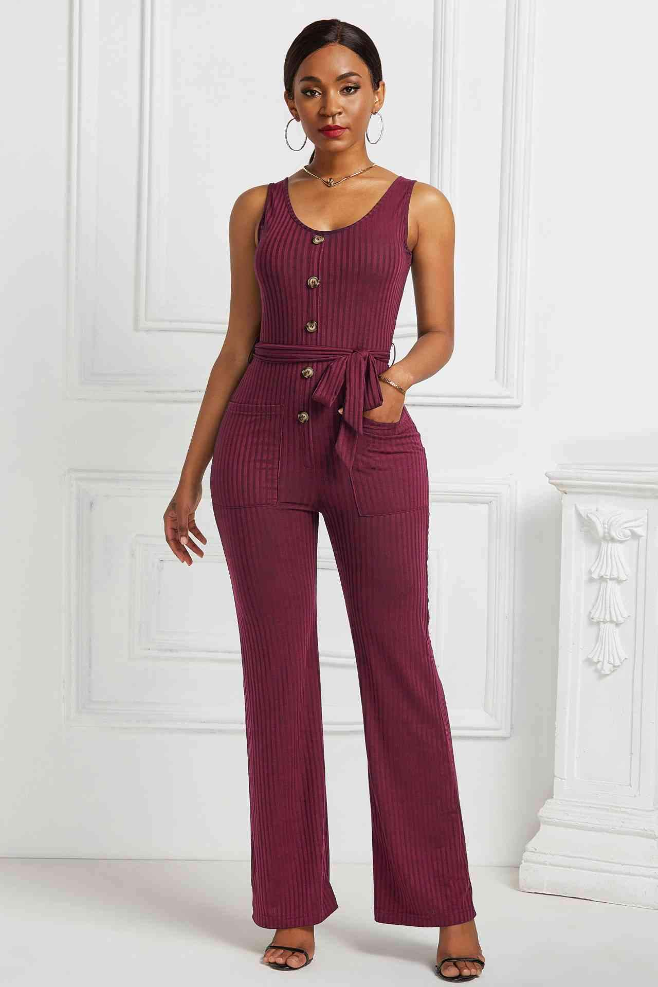 Button Detail Tie Waist Jumpsuit with Pockets BLUE ZONE PLANET