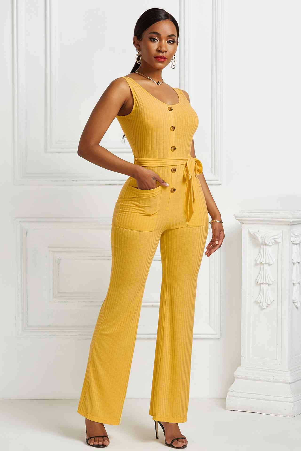 Button Detail Tie Waist Jumpsuit with Pockets BLUE ZONE PLANET