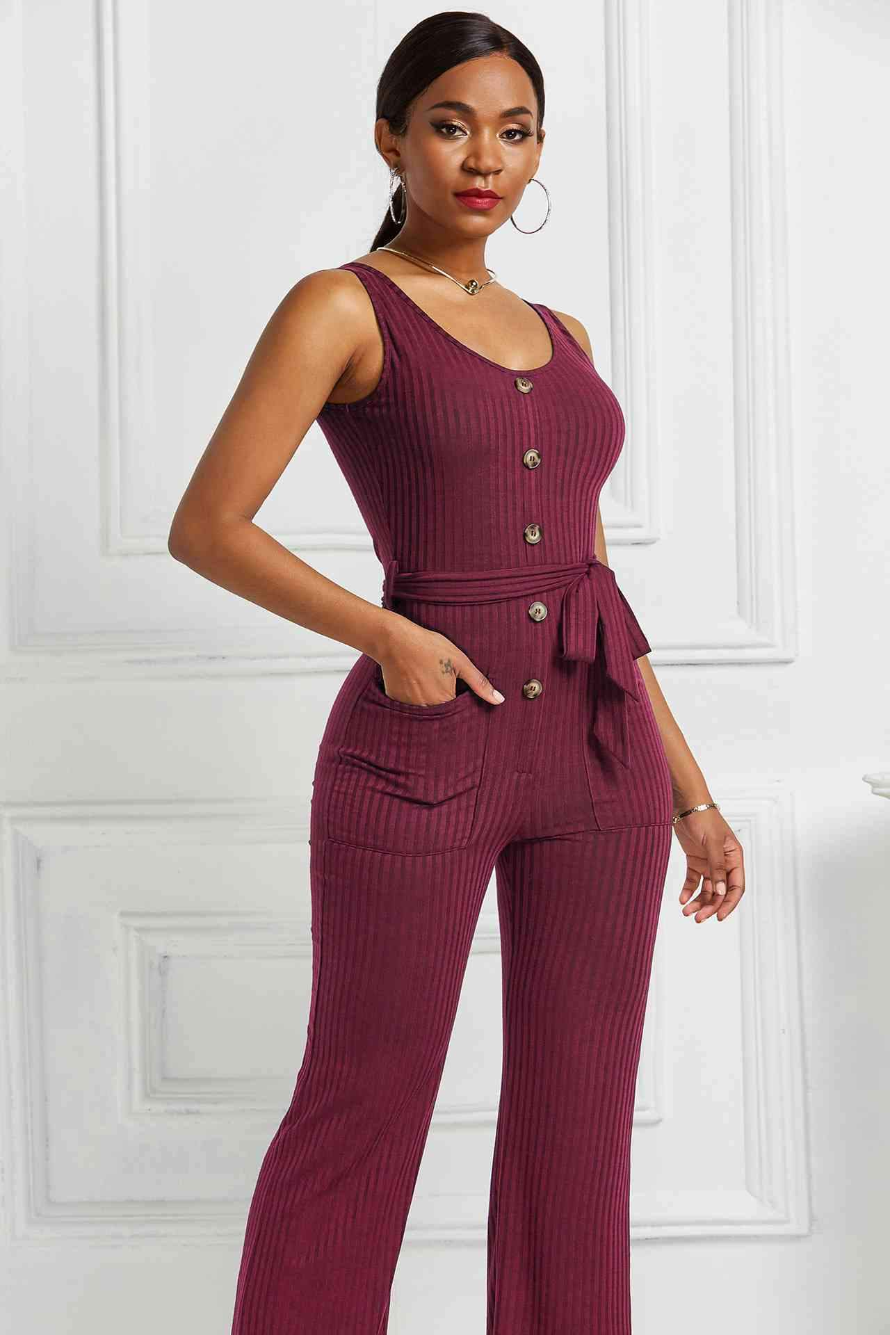 Button Detail Tie Waist Jumpsuit with Pockets BLUE ZONE PLANET
