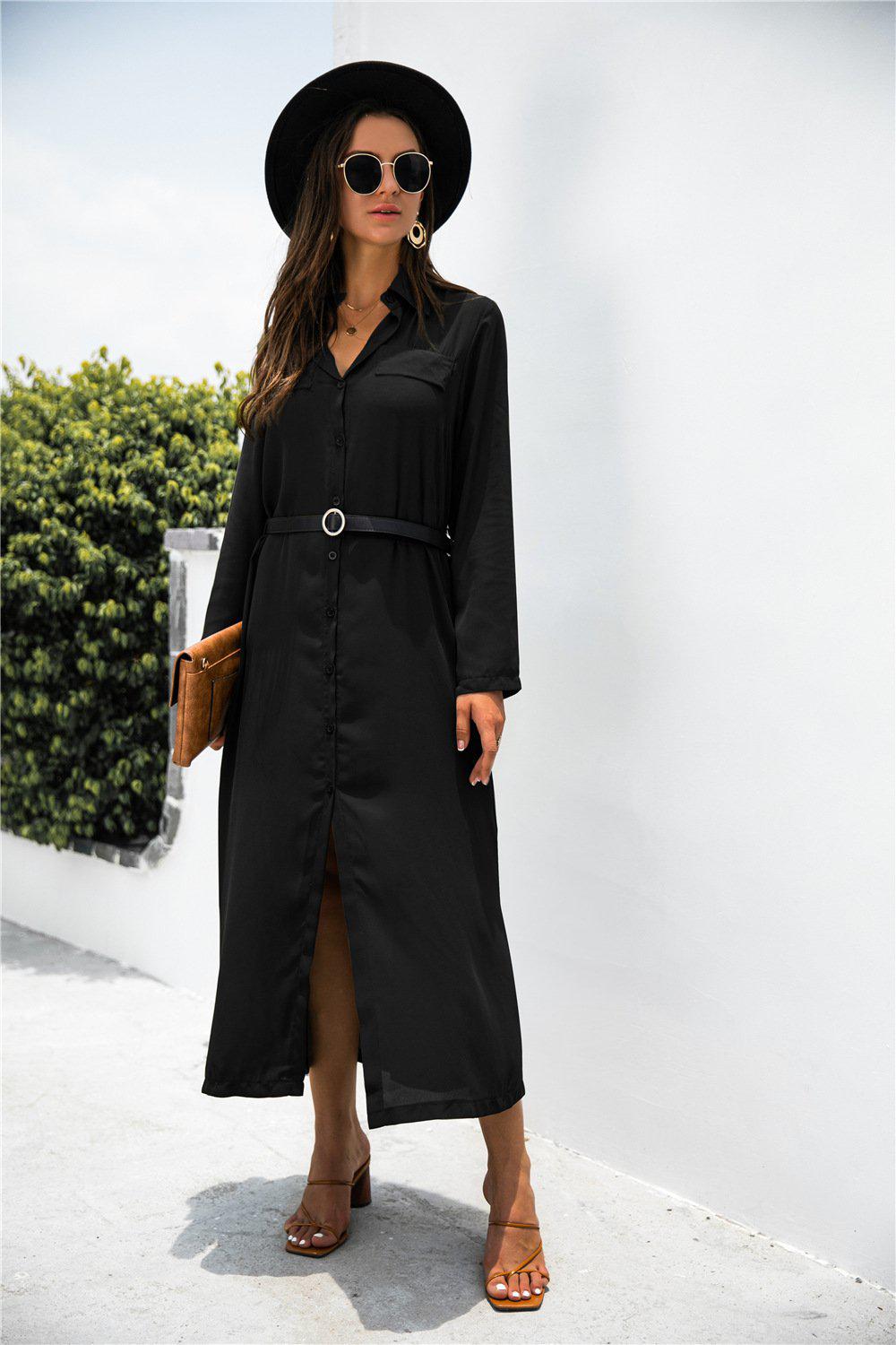 Button Down Belted Shirt Dress BLUE ZONE PLANET
