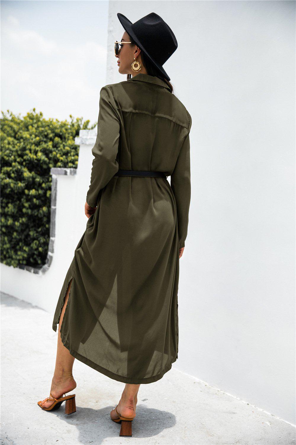 Button Down Belted Shirt Dress BLUE ZONE PLANET