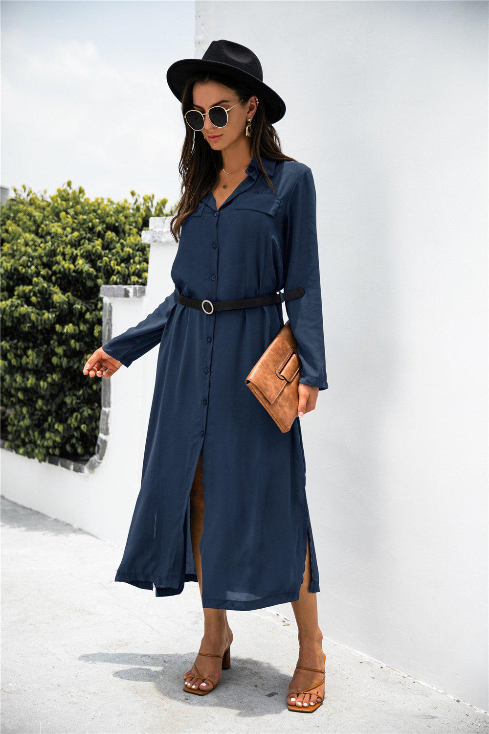 Button Down Belted Shirt Dress BLUE ZONE PLANET